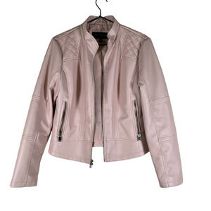 Giacca Womens Moto Jacket Pink Faux Leather Waist Length Full Zip Pockets S